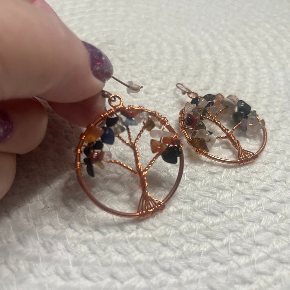Rustic GEMSTONE CHIP Copper Wire-Wrapped Handmade Dangle Earrings #331E